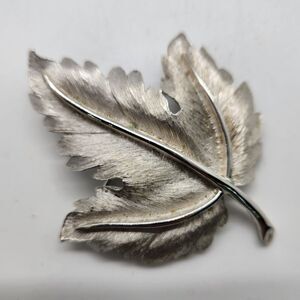 Trifari Maple Leaf Brooch Pin Brushed Silver Tone Polished Vein 2.6in